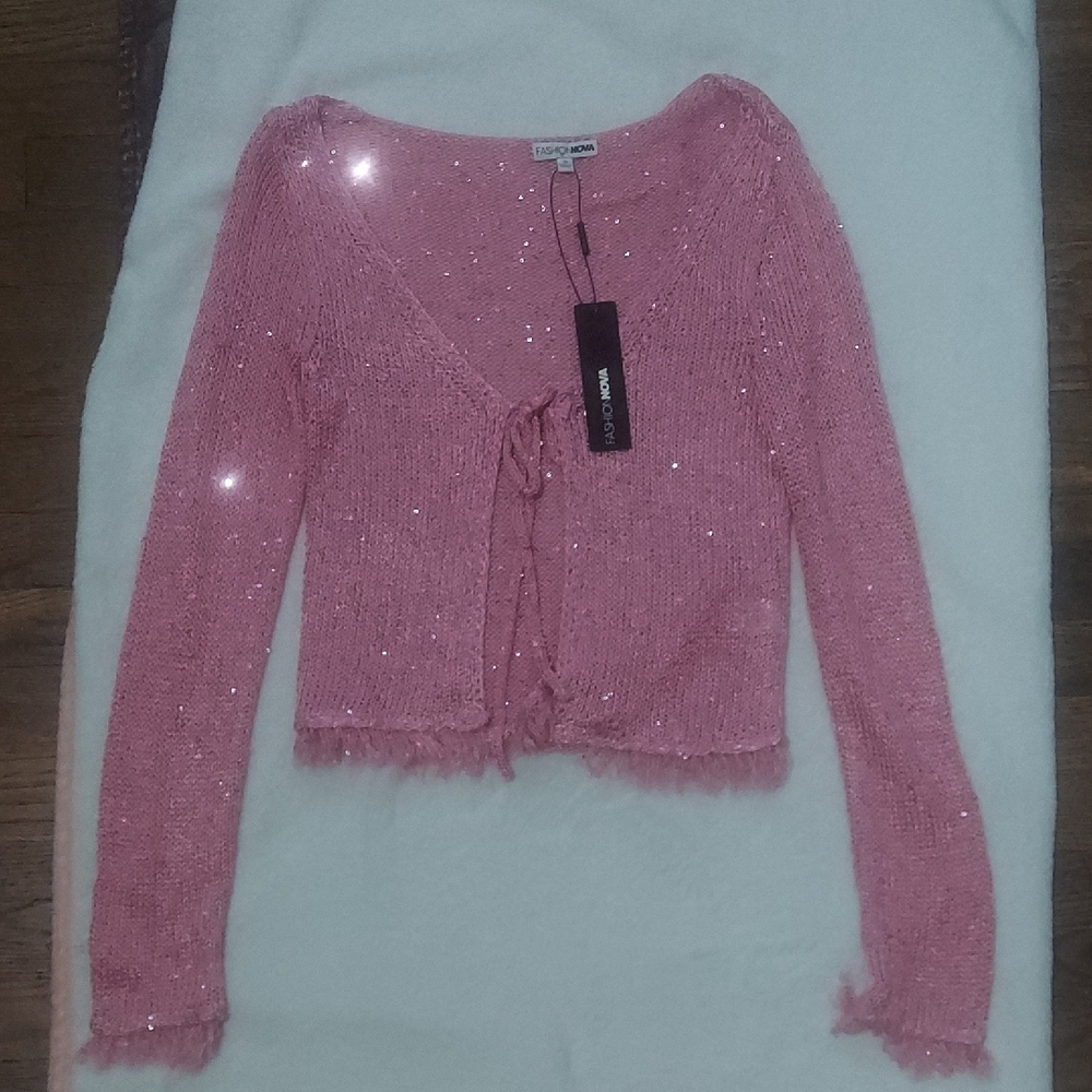 5/$10 Fashion Nova Pink Sequin Knit Tie-Front Cardigan